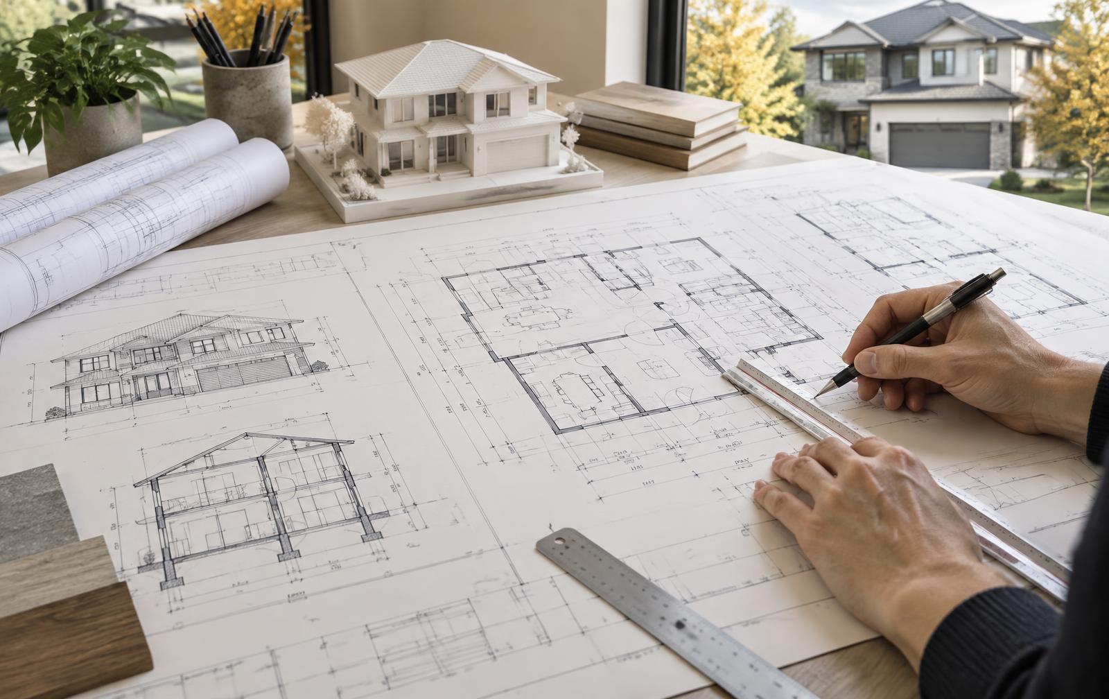 BCIN residential designer preparing detailed house floor plans, elevations and permit drawings